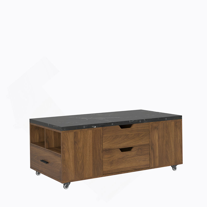 Table basse relevable moderne avec deux tabourets pour le salon, rangement caché extensible et tiroirs pour une utilisation compacte et multifonctionnelle