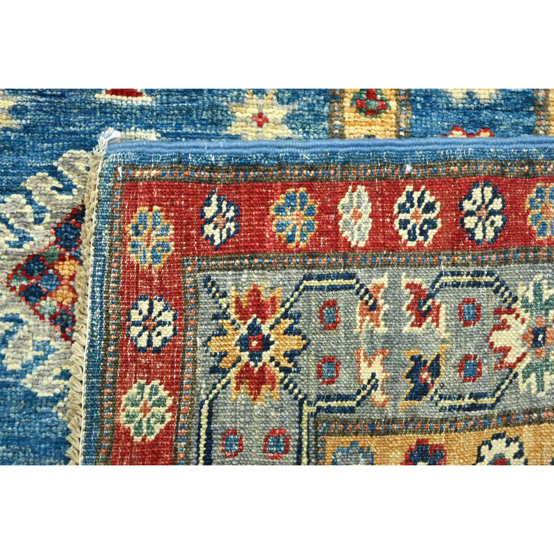 Tapis oriental bleu Kazak à motif géométrique tribal 3 x 5 Kazak