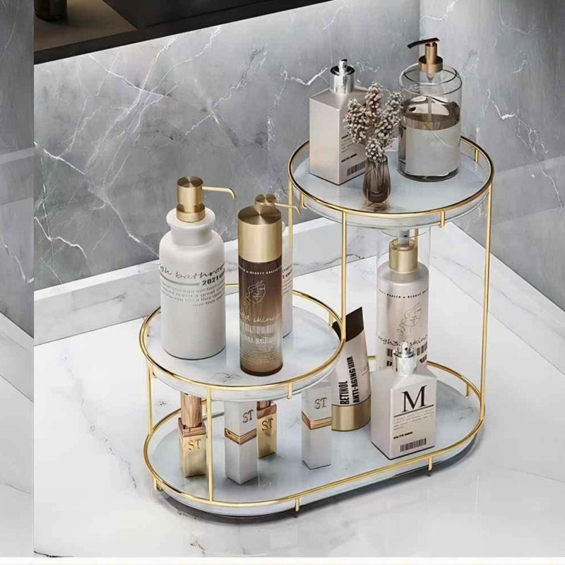 Tri-Tier Vanity Organizer: Large Capacity Bathroom Countertop Shelf with Removable Tray and Metal Frame