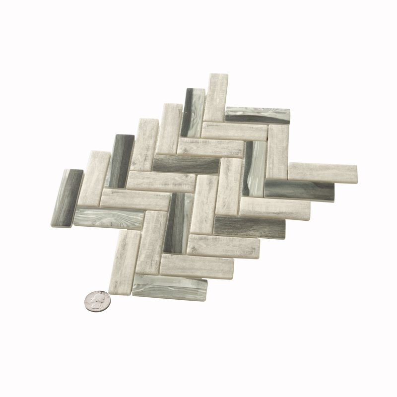Recycled Glass Herringbone Mosaic Tile, White, Grey and Beige