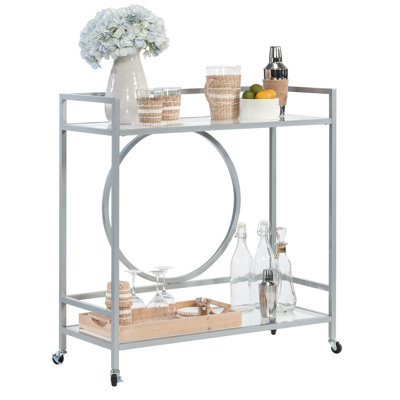 Chariot-bar gris contemporain à roulettes avec deux tablettes en verre, verrouillables pour la cuisine, la salle à manger et la vie, faciles à assembler