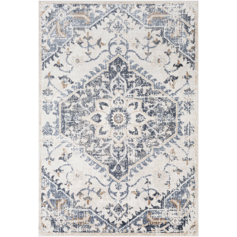 Tapis oriental denim / crème / brun clair Gittens, Rectangle 7 pi 9 po x 9 pi 6 po
