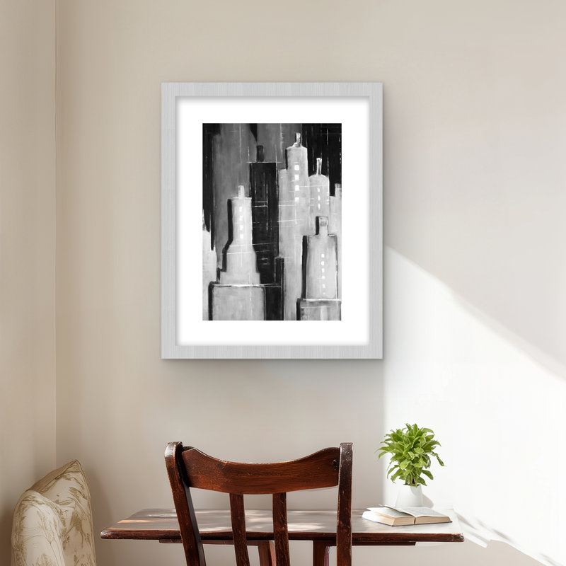 Paysage urbain abstrait noir et blanc - impression encadrée, Argent argent, H 20 po x l 16 po