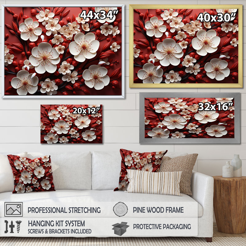 Orchidées blanches et rouges II - art mural floral abstrait, H 30 po x l 40 po x P 1,5 po, Toile tendue
