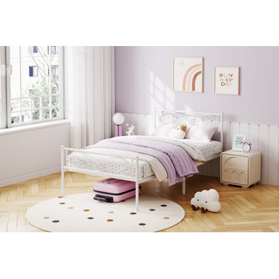Structure de lit simple avec tête de lit et pied de lit, sommier avec rangement, aucun sommier requis, assemblage facile sans bruit, blanc
