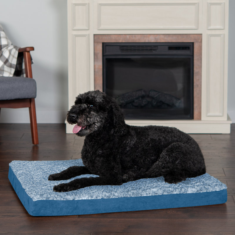 Large Marine Blue Faux Fur and Suede Orthopedic Dog Bed