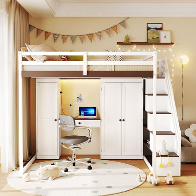 Beckett Loft Bed Set With Storage Staircase, Built-In Dressing Table, Wardrobe & Cabinets, USB Charging Ports And Lights