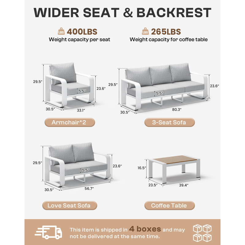 5PCS Outdoor Conversation Set, 5 Pcs: Table, Loveseat, Sofa, 2 Armchairs, Light Gray Cushion/White Frame