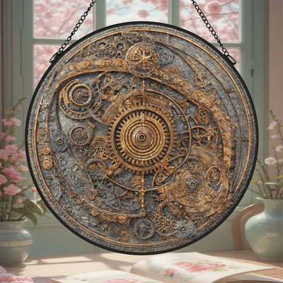 Motif Steampunk Engrenages (1) Panneaux de Vitrail Attrape-Soleil pour Décoration de Fenêtre
