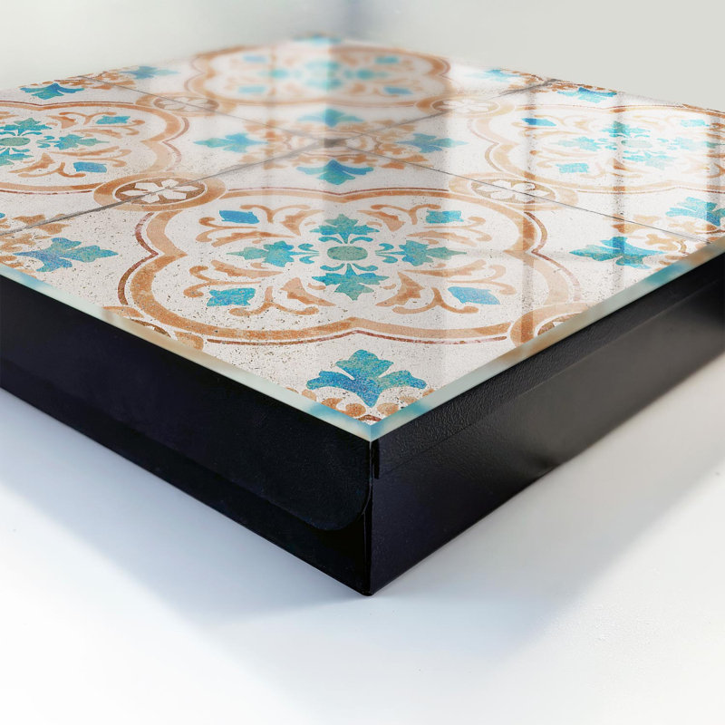 Wall mounted key box, Opens to the left, 30x30x5, Black, Ornamental composition with turquoise and orange, 