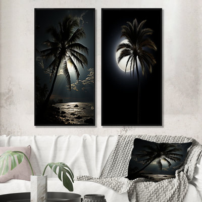 Palm Tree Moonlight Ebony Evening - Palms & Palm Trees Wall Decor Set Of 2