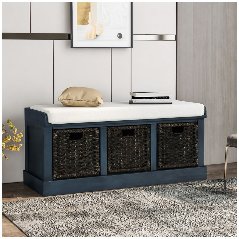 Banc de rangement rustique avec 3 paniers en rotin classiques amovibles, banc d'entrée avec coussin amovible (espresso)