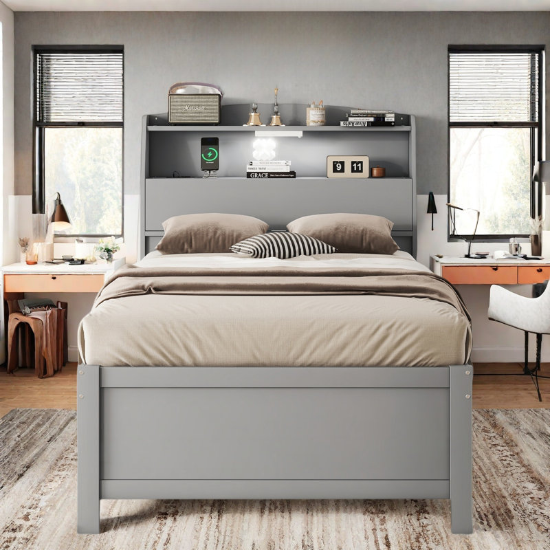 Lit plateforme en bois avec lit gigogne, tête de lit et tiroirs de rangement, Double, Gris