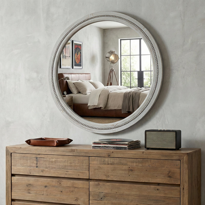 Solid Wood Round Decorative Wall Mirror, Weathered Gray, 30" x 30"