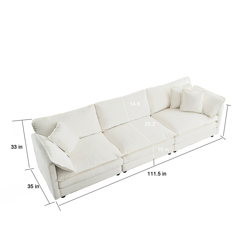 Mid-Century Modern Couch 3-Seater Sofa With 2 Armrest Pillows And 3 Toss Pillows, 3, White, 32.98"H x 146.47"W x 35.02"D