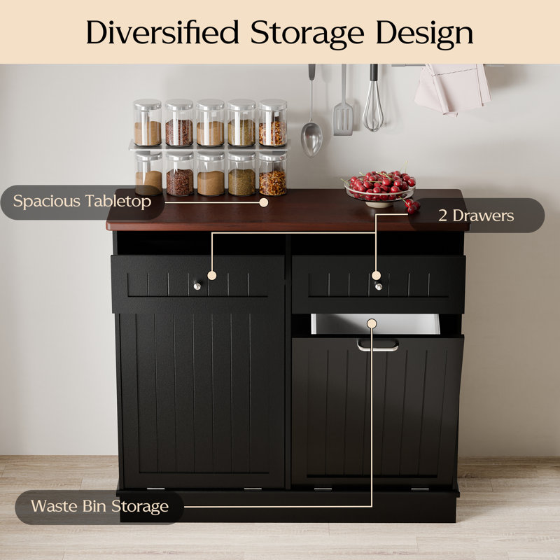 Black Double Tilt Out Trash Cabinet with Countertop and Drawer