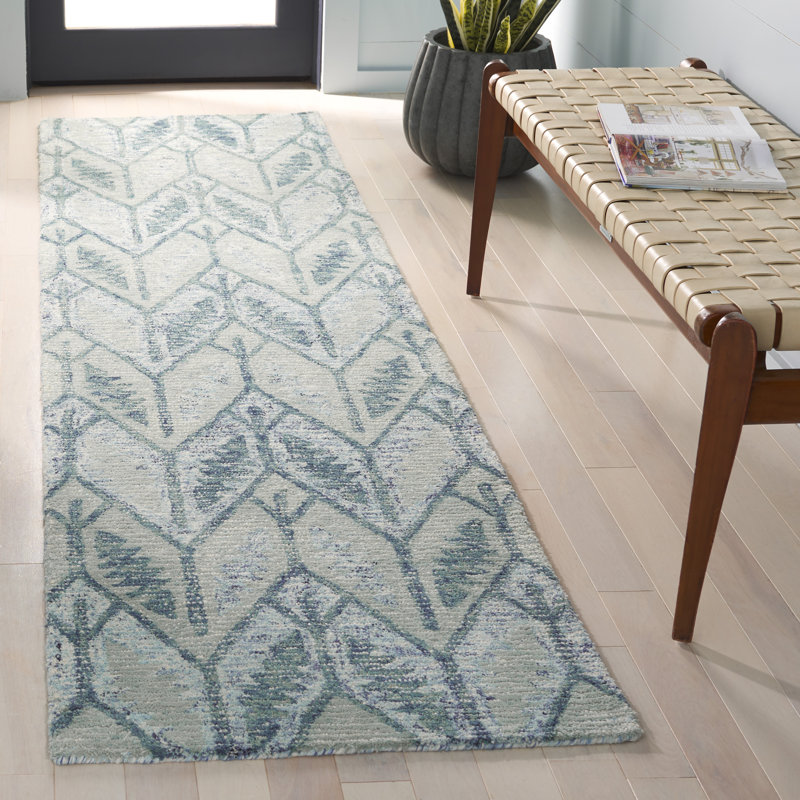 Tapis bleu pâle en laine / coton touffeté à la main Maximino, Tapis de couloir 2 pi 3 po x 9 pi