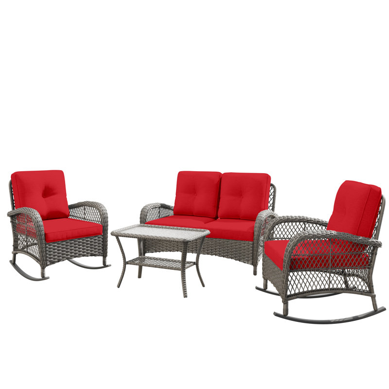 Lynnsay Wicker 4 - Person Patio Conversation Set with Cushions, Red