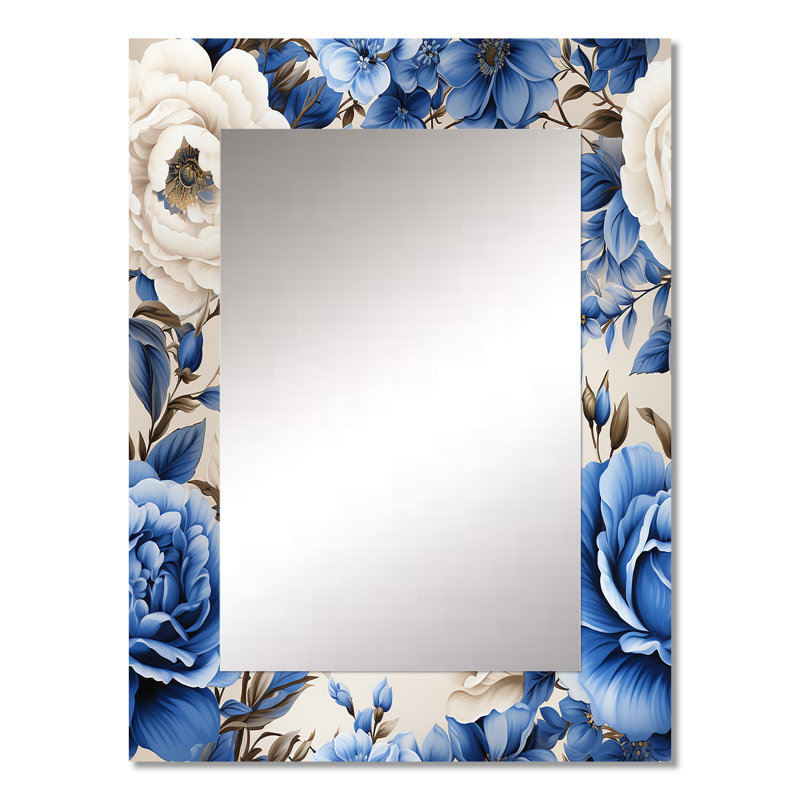 Motif victorien de roses néo-victoriennes bleu cobalt Kidd - miroir décoratif floral, miroir mural floral, impression d'art en métal