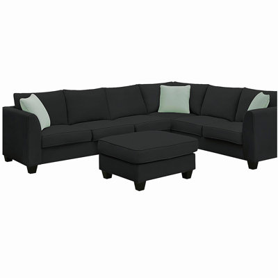 112*87 inch sofa set, 7 seat modular sofa set with Ottoman, L-shaped fabric corner sofa set with 3 pillows, black