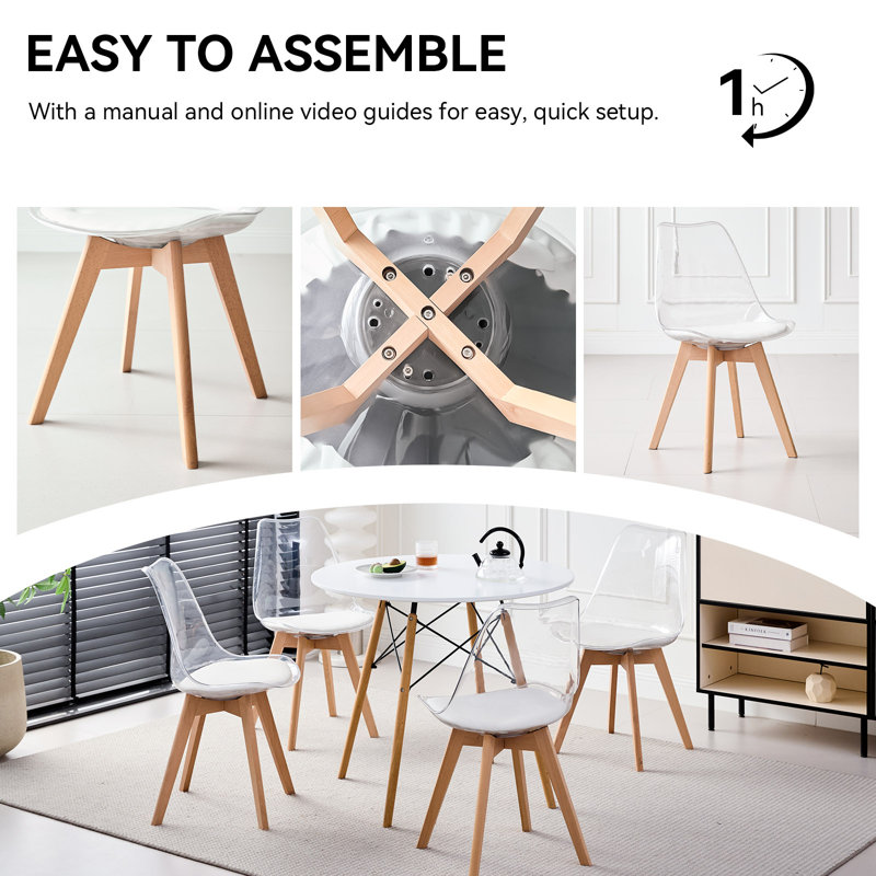 Ensemble table et chaises rondes 5 pièces pour 4 personnes, table blanche de 90 cm avec chaises en bois et acrylique transparent, gain de place pour appartement ou bureau à domicile