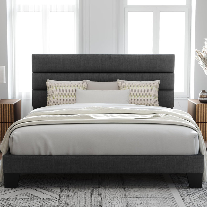 Structure de lit plateforme avec tête de lit tapissier en tissu et support en lattes de bois, Gris, Roi