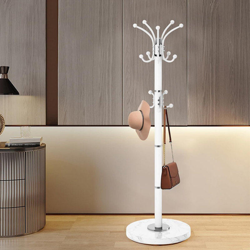 Portemanteau pivotant à 360 ° en métal blanc avec base en marbre, portemanteau autoportant avec 16 crochets pour vestes, chapeaux, sacs - vestibule ou chambre à coucher
