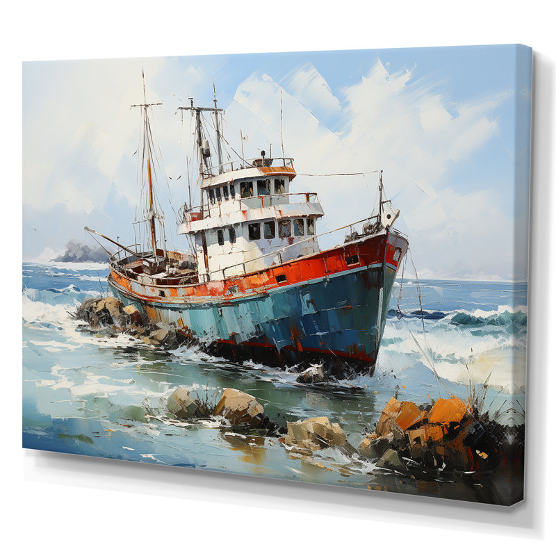 Nautique, bateau, pêche, aventure - Bateau côtier, art mural, Toile tendue, H 24 po x l 32 po x P 1 po