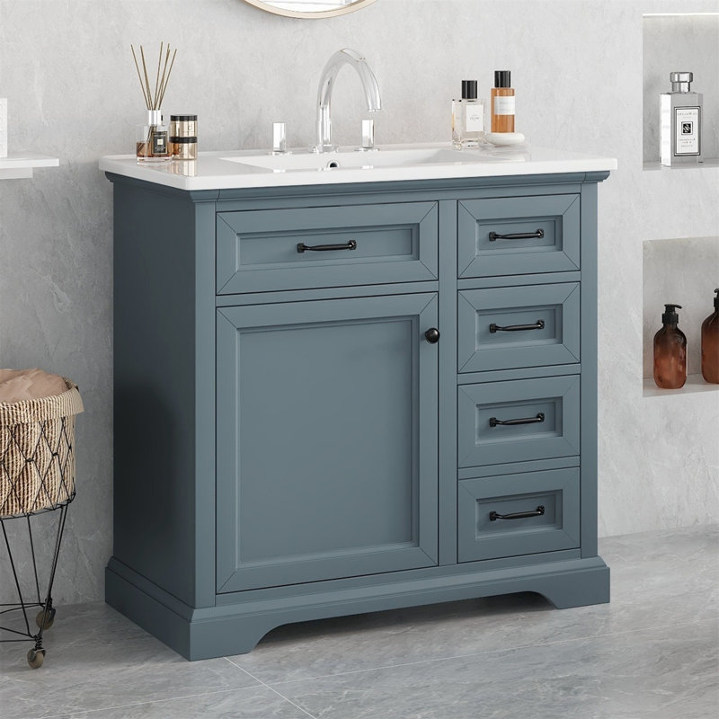 36"W Freestanding Bathroom Vanities With Ceramic Sink Top, Drawers And Internal Rack, Blue