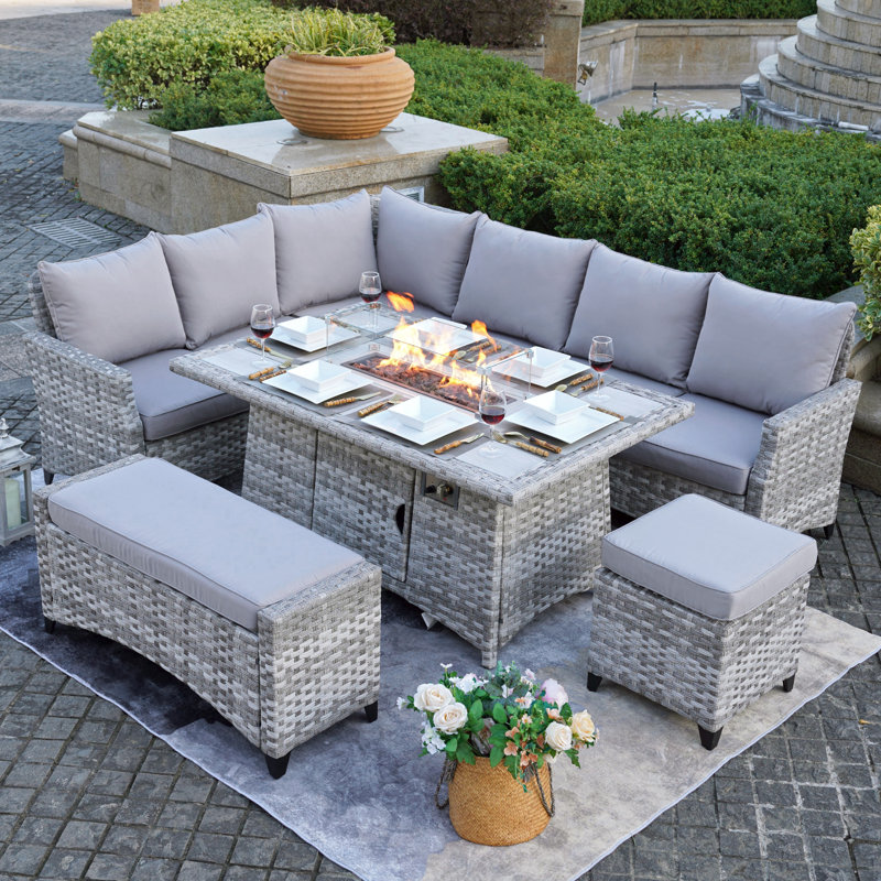Beoll 9 - Person Metal Patio Dining Set with Rectangular Table , Cushions Included