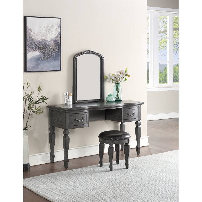 Meuble-lavabo de luxe en gris avec miroir en bois et tiroirs - Tabouret inclus avec rangement contemporain en bois antique
