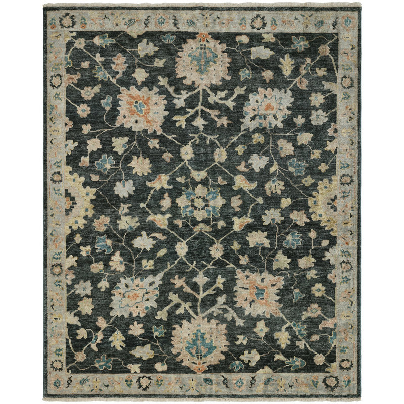 Amaris Charcoal Ivory Hand-Knotted Wool Area Rug, Rectangle 2' x 3'