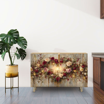 Buffet Buffet avec rangement Couronne de fleurs en forme de cœur romantique avec roses rouges et baies douces avec 2 portes pour le salon et la cuisine