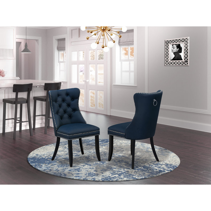 Dallas Parson Kitchen Chairs - Button Tufted Nailhead Navy Blue Polyester Fabric Padded Dining Chairs, Set of 2, Wirebrushed Black