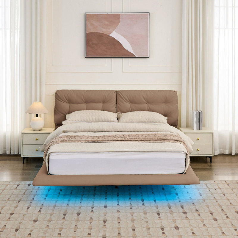 Cadre de lit flottant rembourré kaki de grande taille, cuir d'unité centrale avec conception à boutons, sans sommier, lattes, facile à monter, lumières DEL à télécommande pour cadre de chambre à coucher, lit, six couleurs