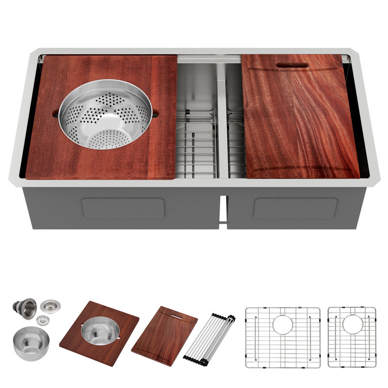 Évier de cuisine en acier inoxydable de calibre 16 avec cuves à mélanger à cuve double encastrable L 39 po x l 19 po, 60/40