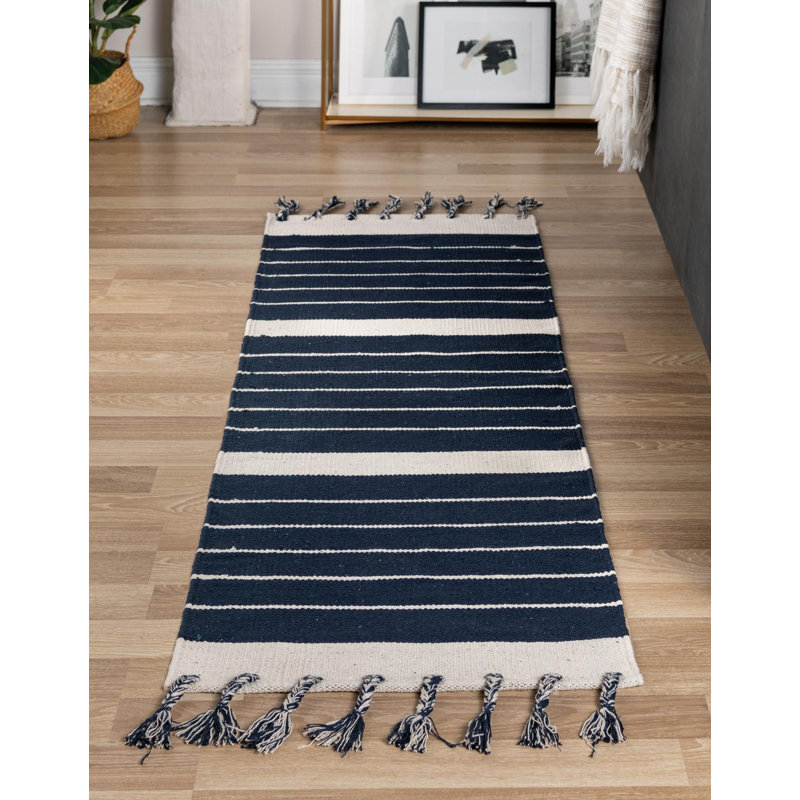 Tapis uni / rayé bleu marine Gwin, Tapis de couloir 2 pi x 6 pi