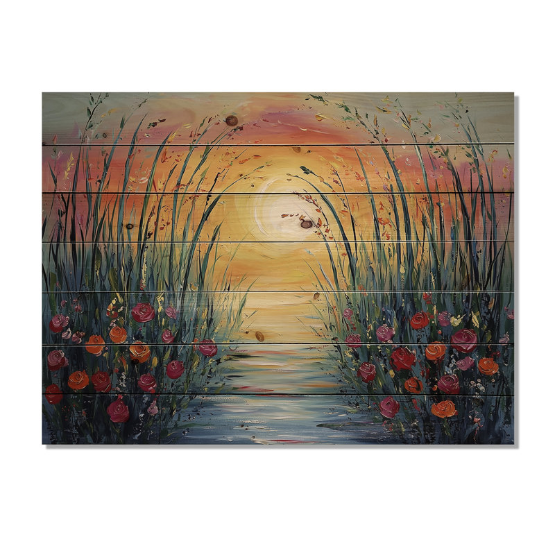 Sunset Wildflowers Blossoms In The Wild III - Bamboo Wood Print - On Natural Pine Wood, 34" H x 44" W x 0.78" D