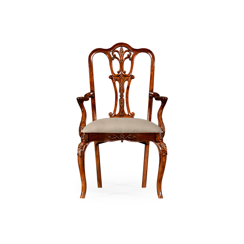 Chaise avec accoudoirs rembourrée en bois massif brun clair Queen Anne, Acajou antique