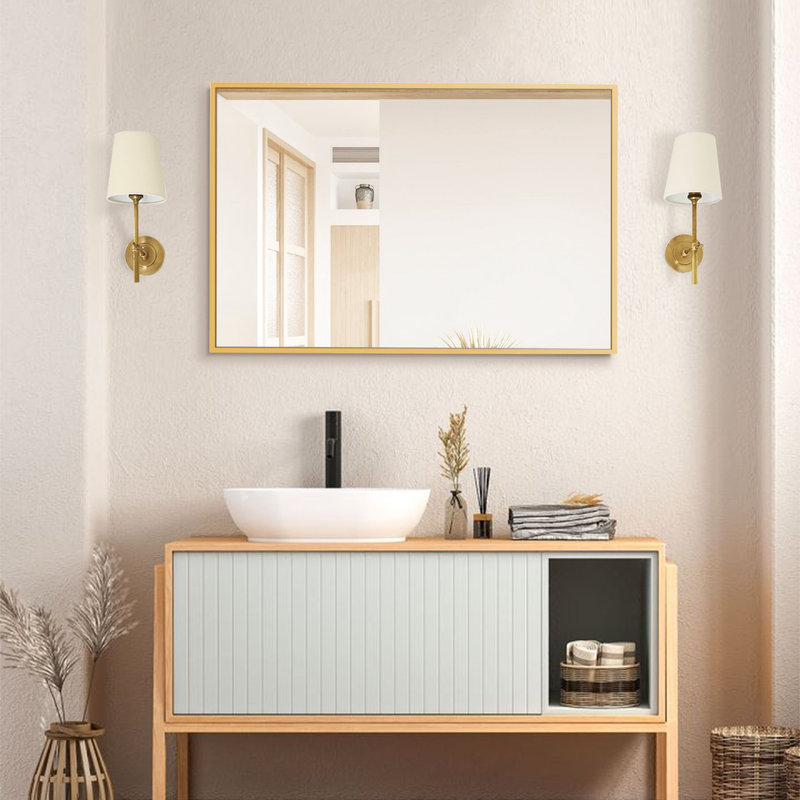 Miroir mural de salle de bain doré avec cadre rectangulaire en métal, Verticale, 30 po x 20 po
