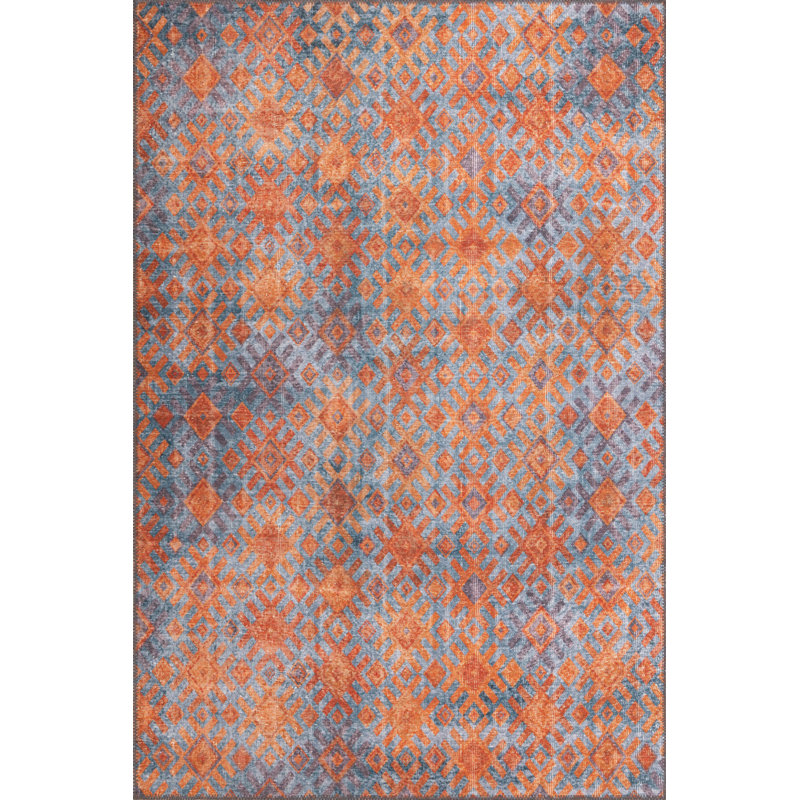 Tapis décoratif à motif géométrique orange et bleu, Rectangle 8 pi 3 po x 11 pi 6 po