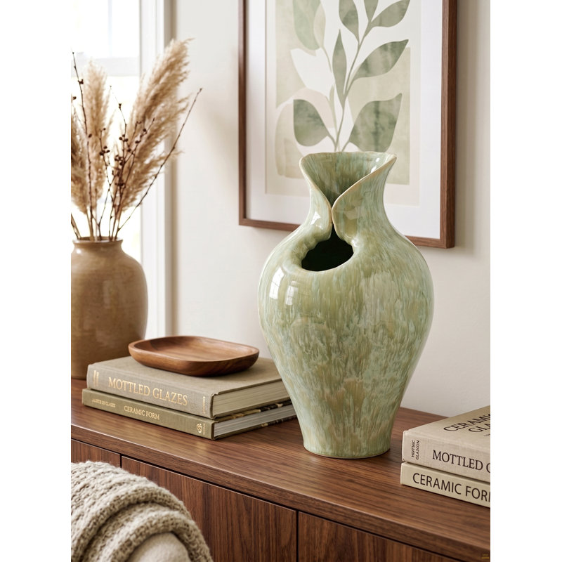 D9.8x16.5" Sage Green Sculptural Ceramic Vase