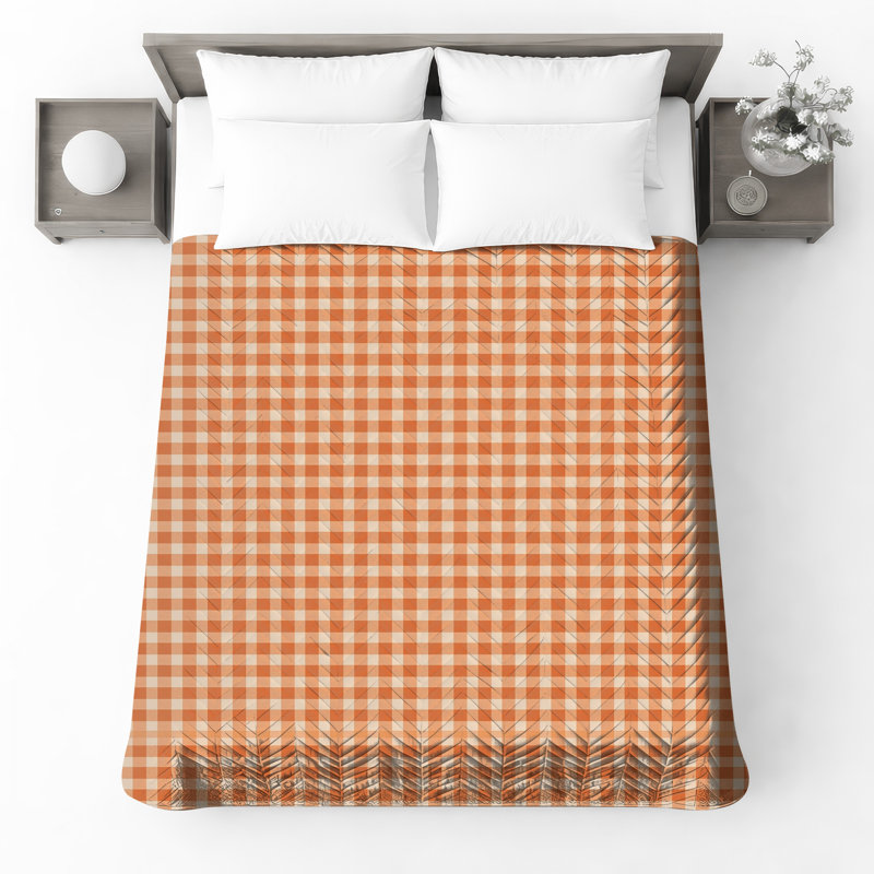 Orange White Gingham Quilted Bedspread All Sizes, Full / Double