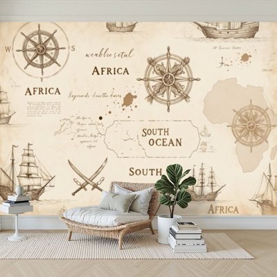 Wall Mural Peel and Stick Wallpaper abstract seamless theme travel adventure discovery Old hand drawn map Self-Adhesive Removable Contact Paper Wall Decor for Living Room Bedroom 100"H x 144"W
