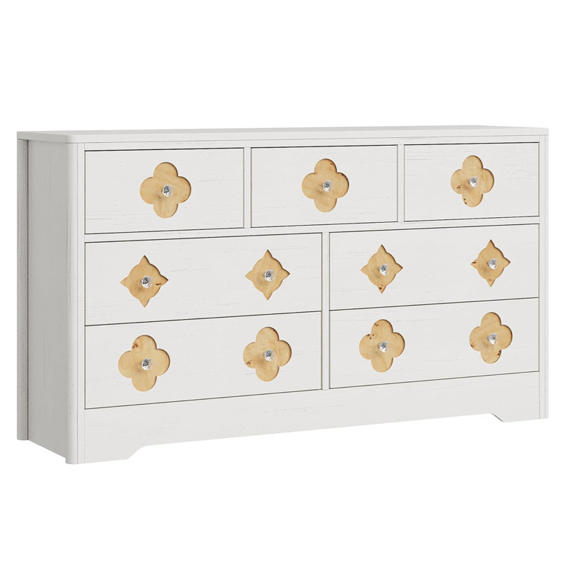 Commode moderne à 7 tiroirs cannelée de fleurs, commode en bois de 47,4 po de largeur, salon de chambre de bébé, grand meuble télé avec rangement