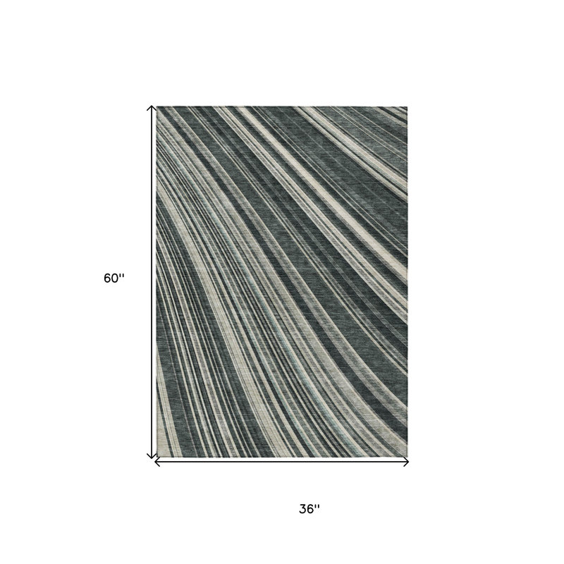 3' X 5' Black Gray And Ivory Striped Washable Indoor Outdoor Area Rug