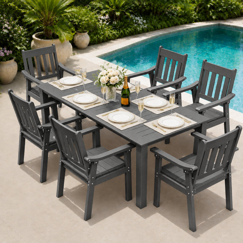 Ensemble de salle à manger d'extérieur toutes saisons 7 pièces Ensemble de salle à manger d'extérieur avec trou pour parasol et structure en aluminium Ensemble de salle à manger d'extérieur moderne pour 6 personnes pour cour arrière / porche / terrasse, 1 table et 6 chaises