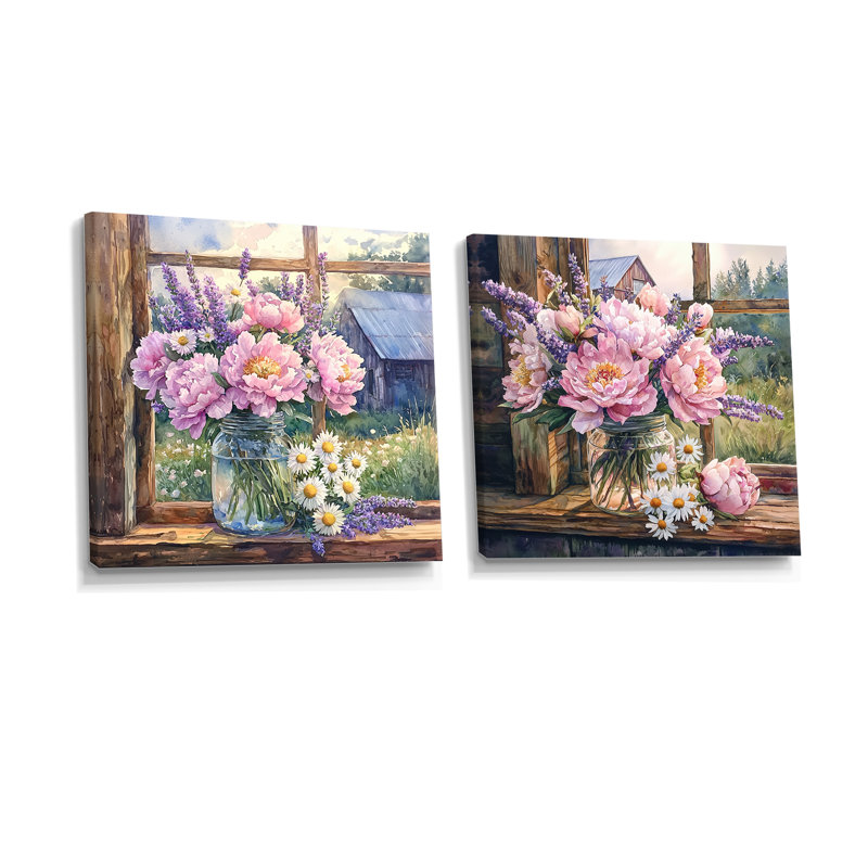 Blush pivoine et lavande - mélange de bouquets assortis - art mural traditionnel sur toile, 2 pièces, Ne s’applique pas