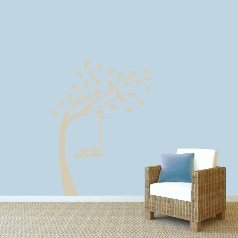 Décalcomanie murale arbre avec oiseaux sur balançoire, Beige