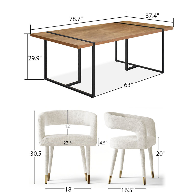Modern 79" Rectangular Dining Table Set With 6 Upholstered Arm Dining Chairs, Offwhite